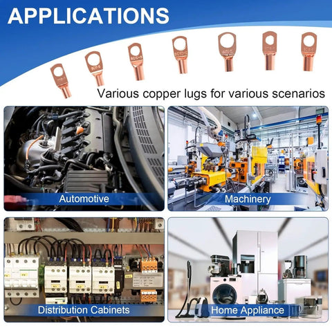Heavy Duty 260 Piece Copper Wire Lugs And Rings Kit For Battery Cables Includes AWG 2 to 12 Heat Shrink Tubing, copper lugs for automotive and machinery