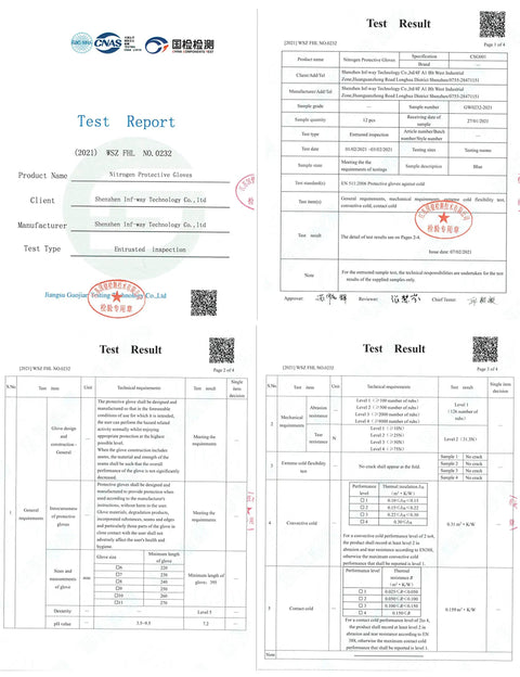 Test certificate for Elbow Length Cryogenic Gloves For Liquid Nitrogen Handling, Three Layer Protection With Nylon Taslan PTFE, 268C to 148C