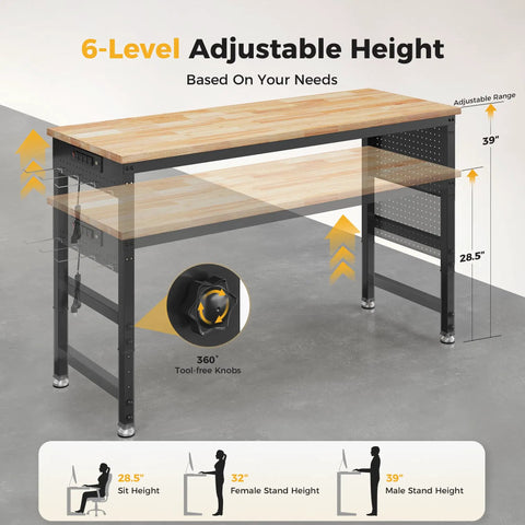 60 Inch Heavy Duty Workbench Built To Haul 2000 Lb Capacity With Rubber Wood Top, Pegboard, Built In Power Outlets, Adjustable Height
