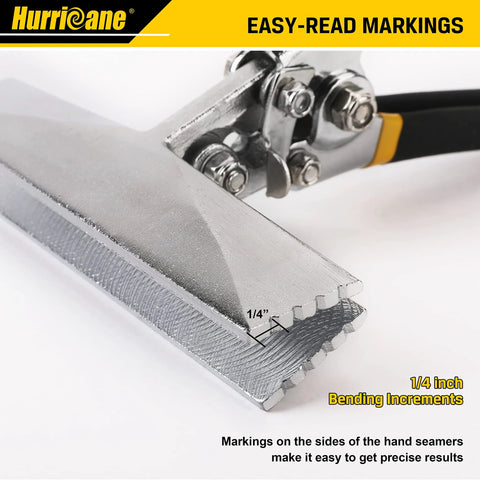 Hurricane 6-inch sheet metal hand seamer with straight jaw and cushioned handle, 1/4-inch bending increments