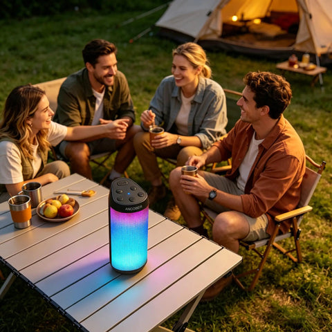Group camping with 20W Portable Bluetooth Speaker With Crankin Loud Stereo Sound, 8 LED Light Modes, in foreground on table.