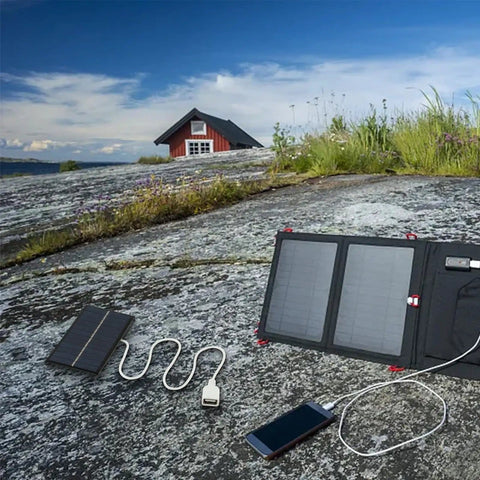 2W 6V Monocrystalline Solar Panel Charger with USB, portable on rocky surface for outdoor lighting and small DC devices