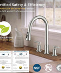 FORIOUS 2-Handle Kitchen Faucet with Pull Down Sprayer, Brushed Nickel on kitchen counter, certified for safety with water-saving features.