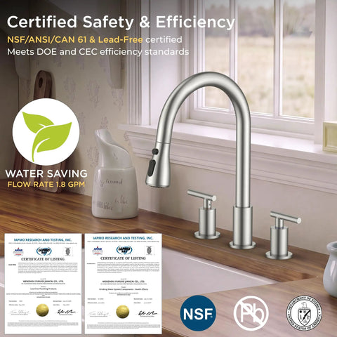 FORIOUS 2-Handle Kitchen Faucet with Pull Down Sprayer, Brushed Nickel on kitchen counter, certified for safety with water-saving features.