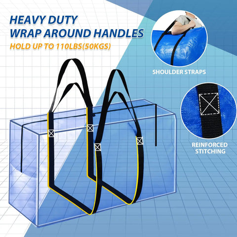 Heavy Duty 57 Gallon Jumbo Moving Bag With Extra Large 42 By 23 By 13.5 Inch Dimensions showing straps and stitching details