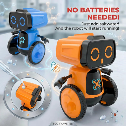 Orange and blue saltwater powered robots for STEM learning, part of the Saltwater Powered Robot Kit for STEM Learning No Batteries Needed