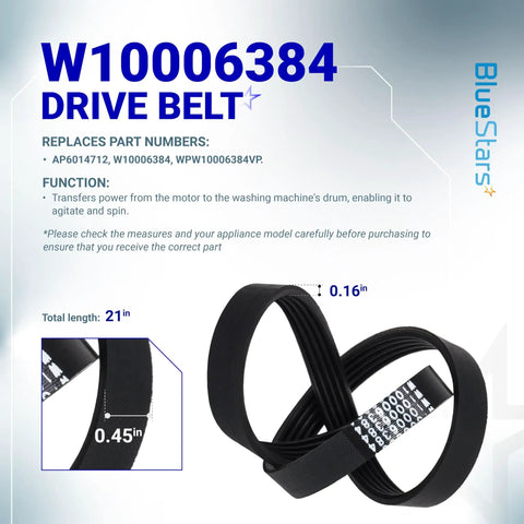 Washer Pulley Clutch Kit And Drive Belt For Whirlpool Kenmore Maytag 2 Piece Set Replaces W10006356 W10006354 PS10057144 AP6014712 MVWX655DW1 WTW5000DW1, featuring W10006384 drive belt, 21 in length, 0.16 in width, for washing machines.