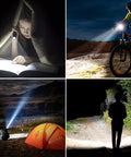 Rechargeable LED Flashlight 2 Pack in use for reading, cycling, camping, and night walking demonstrating zoomable beam modes