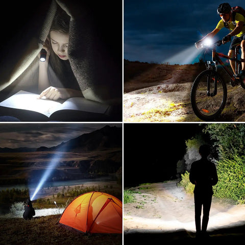 Rechargeable LED Flashlight 2 Pack in use for reading, cycling, camping, and night walking demonstrating zoomable beam modes