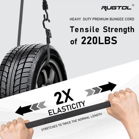 Heavy Duty Bungee Cords With Hooks 40 Inch Flat Adjustable Rubber Black Straps Elasticity Demonstration, 220lbs Strength