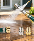 Top Rated 5/8 Inch Garden Hose Repair Kit With Stainless Steel Clamps And Aluminum Male Female Connectors For Sprinkler Water Hose End Fixing Essentials You Need. Hose repair kit on wet deck with connectors and clamps