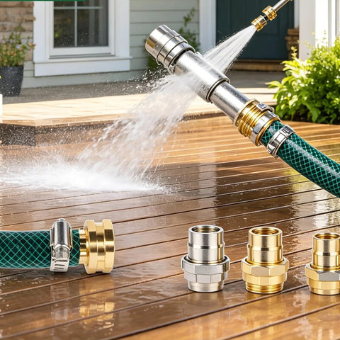 Top Rated 5/8 Inch Garden Hose Repair Kit With Stainless Steel Clamps And Aluminum Male Female Connectors For Sprinkler Water Hose End Fixing Essentials You Need. Hose repair kit on wet deck with connectors and clamps