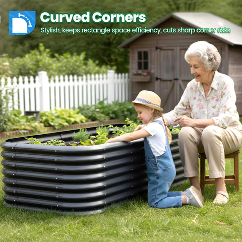 Oval Galvanized Raised Garden Bed Kit With Strengthened Crossbar For Tall Metal Planter Box To Grow Veggies In Outdoor Backyard 6 By 3 By 2 Feet Dark Gray Safe No Sharp Corners Heavy Duty And Easy To Set Up with child planting and elderly woman observing, curved corners visible.