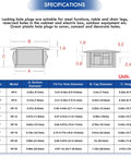 Specification chart for 250 Piece Nylon Hole Plugs Set In 8 Sizes 1/4 To 1 Inch Black Flush Panel Knockout Locking Plugs.