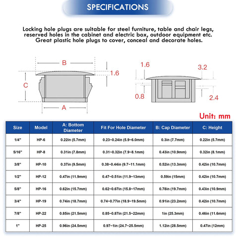 Specification chart for 250 Piece Nylon Hole Plugs Set In 8 Sizes 1/4 To 1 Inch Black Flush Panel Knockout Locking Plugs.