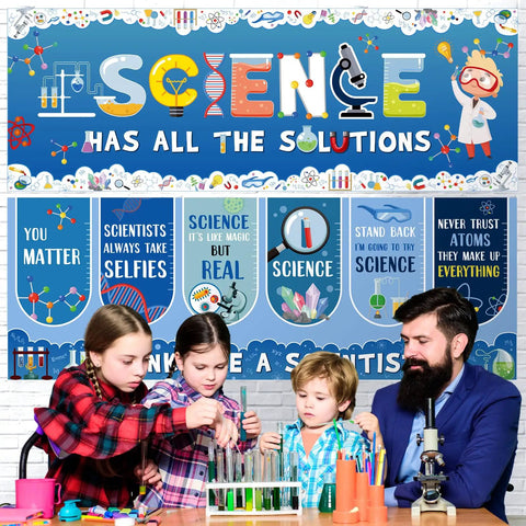Science Classroom Decor Duo With Scientist Posters Banner Set displaying educational science graphics and children conducting experiments