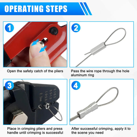 Step-by-step guide for using the Ultimate Pro Grade Fishing Crimping Tool Kit With High Carbon Steel Pliers in four stages.