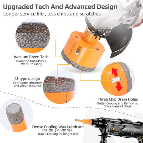 Diamond Core Drill Bits Set 6mm To 65mm Vacuum Brazed Tile Hole Saw 9 Pieces with advanced design and cooling features.