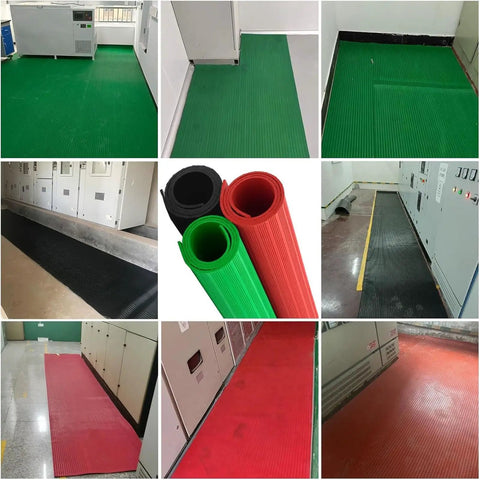 Hella Durable Rubber Insulating Mat For Electrical Safety Built Straight Tough Non Slip Flooring with green, black, and red color options.