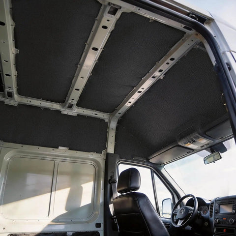 Premium Van Conversion Insulation Roll installed on the roof of a cargo van, providing thermal and sound deadening.