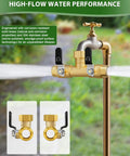 Rugged Brass Hose Splitter 2 Way With Full Flow 0.59 Inch Ball Valve And Shut Off, Three Quarter Inch Fittings, Heavy Duty Outdoor Garden Water Faucet Adapter For High Pressure, Two Independent Outlets, Easy Setup, No Leaks installed on outdoor faucet