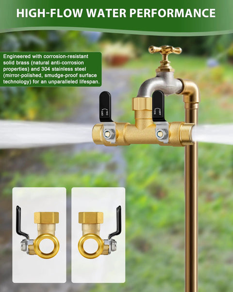 Rugged Brass Hose Splitter 2 Way With Full Flow 0.59 Inch Ball Valve And Shut Off, Three Quarter Inch Fittings, Heavy Duty Outdoor Garden Water Faucet Adapter For High Pressure, Two Independent Outlets, Easy Setup, No Leaks installed on outdoor faucet