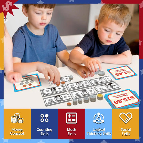 Kids using Pretend Money Set For Kids With Bills And Coins, Hands On Math Manipulatives For Counting And Money Skills.