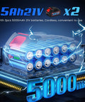 5Ah 21V battery pack showcasing dual 5000mAh power, designed for Pro Grade Built Tough Cordless Hydraulic Cable Lug Crimper Six Ton Electric Terminal Pliers.