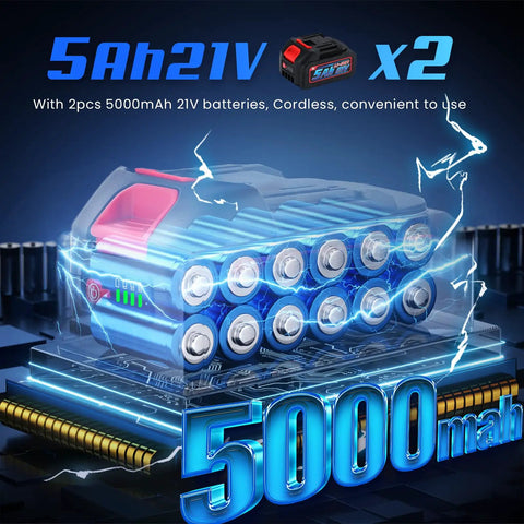 5Ah 21V battery pack showcasing dual 5000mAh power, designed for Pro Grade Built Tough Cordless Hydraulic Cable Lug Crimper Six Ton Electric Terminal Pliers.
