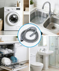 Universal Washing Machine Drain Hose Extension Kit with sinks, dishwasher, and washing machine in background.