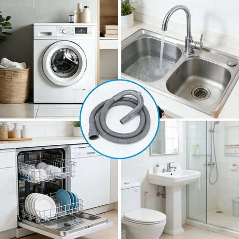 Universal Washing Machine Drain Hose Extension Kit with sinks, dishwasher, and washing machine in background.