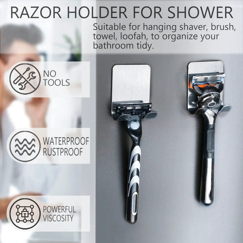 Stainless Steel Razor Holder Set, 2 Pack Self Adhesive Shower Hooks, Waterproof Shaver Hanger For Bathroom And Kitchen