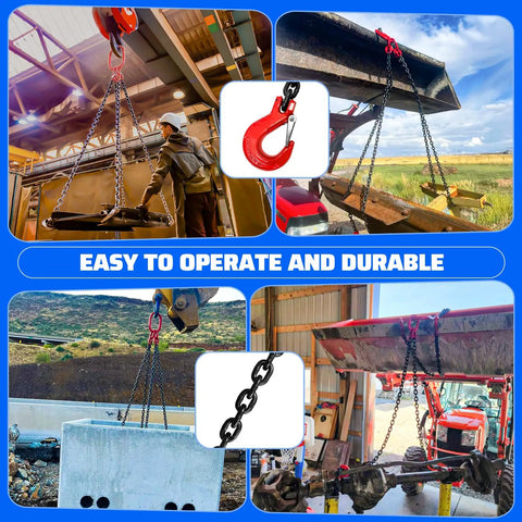 Heavy Duty 6 Ton Chain Sling 5 16 Inch By 5 Feet G80 Alloy Steel Four Way Quadruple Leg Lifting Slings With Four Safety Grab Hooks For Rigging Hoists And Engine Lifts used for lifting loads