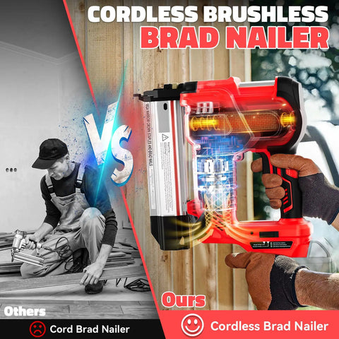 2-In-1 Cordless Brad Nailer And Stapler For Trim Wood DIY, 18 Gauge, Battery Not Included, showing tool comparison