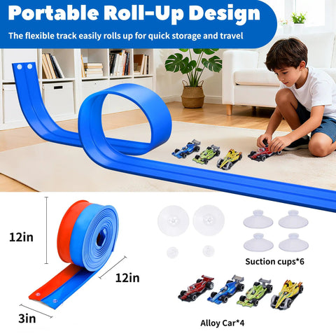 Child playing with Flexible Fifteen Foot Race Car Track Set For Kids With Double Sided Racetrack Suction Cups Portable Roll Up Track