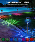 3 In 1 Bug Zapper For Outdoors Solar Powered With Realistic Flame Light And RGB Projector shown illuminating garden path by pool