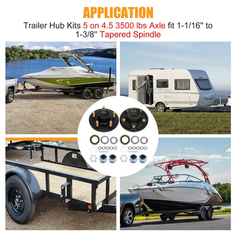 Trailer hub kit, 2 sets, 5-lug 4.5 in hubs for tapered spindles 1-1/16 to 1-3/8 in, with bearings and seals.