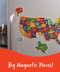 Magnetic US Map Puzzle For Kids on fridge, showcasing state names and shapes, 43 magnetic pieces, hands-on learning tool.