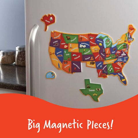Magnetic US Map Puzzle For Kids on fridge, showcasing state names and shapes, 43 magnetic pieces, hands-on learning tool.