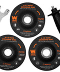 Seven Point Five Amp Four And A Half Inch Angle Grinder With Reversible Handle Includes Three Grinding Discs and wrench