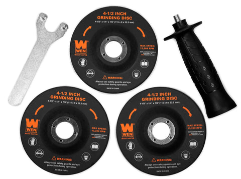 Seven Point Five Amp Four And A Half Inch Angle Grinder With Reversible Handle Includes Three Grinding Discs and wrench