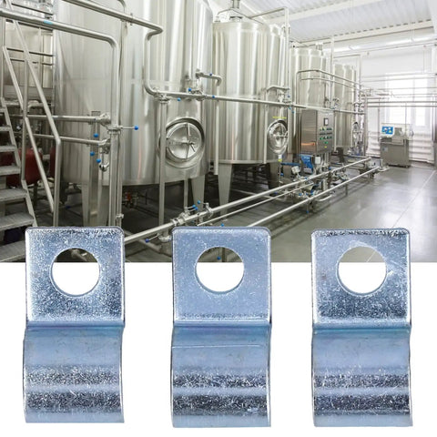 Premium 20 Pack Single Hole Pipe Clamp Made From Zinc Plated Stainless Steel Pipe Clip For Rubber Rings And Steel Pipes 304 Stainless Steel Construction Built To Last Heavy Duty Clamp Solution 12mm shown in industrial setting with tanks and pipes.