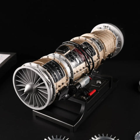 Kickass Metal Turbofan Engine Model Kit For Aviation Buffs 1 10 Scale Cutaway Aircraft Engine Display 600 Piece Assembly Project visible on black background.