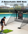 Man using Heavy Duty Golf Practice Net 10x7ft for Indoor Outdoor Training with Ball Capture System near a poolside.