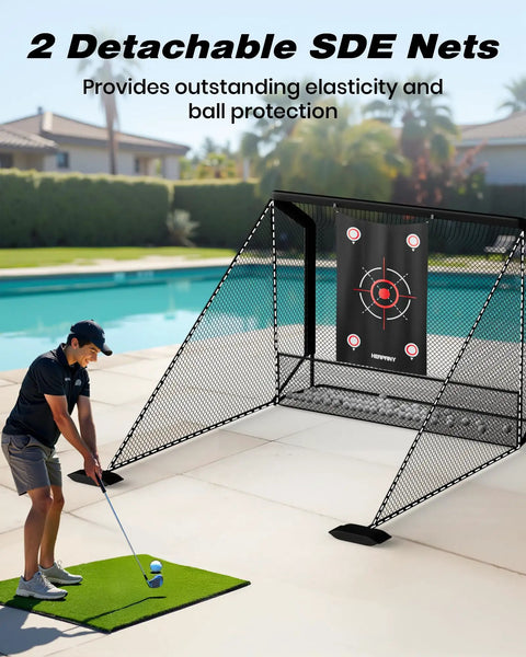 Man using Heavy Duty Golf Practice Net 10x7ft for Indoor Outdoor Training with Ball Capture System near a poolside.