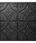 Close-up of black 2x2 drop ceiling tiles for glue up install in standard fifteen sixteenth inch grids, slick classic style PVC panels.