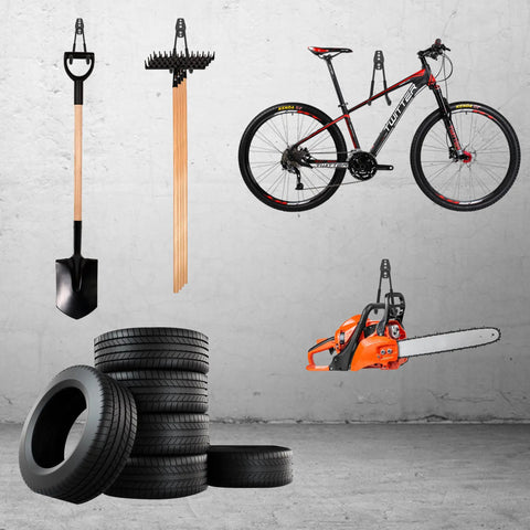 Heavy Duty Garage Hooks Six Pack With Extra Hook For Added Security Dual Arm Wall Hangers, showcasing organized tools and bike storage