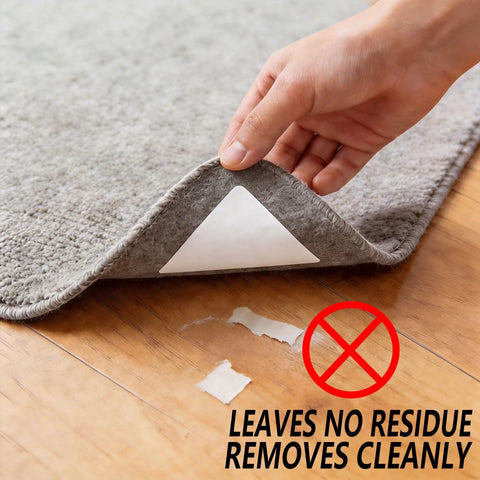 16Pcs Rug Gripper Tape Set with triangle anti-curl design on gray rug, showing clean removal on hardwood floor