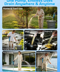 Heavy Duty Cordless Water Pump With 720 GPH Output And 29 Ft Max Lift used for garden watering, pool draining, and engine oil transfer.