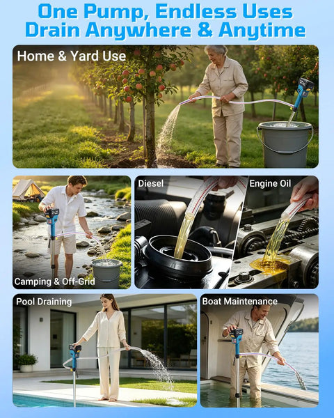 Heavy Duty Cordless Water Pump With 720 GPH Output And 29 Ft Max Lift used for garden watering, pool draining, and engine oil transfer.